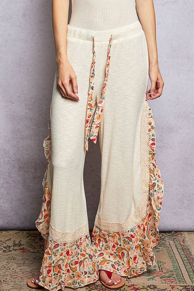 Floral Pattern Ruffle Detail Ribbed Knit Pants
