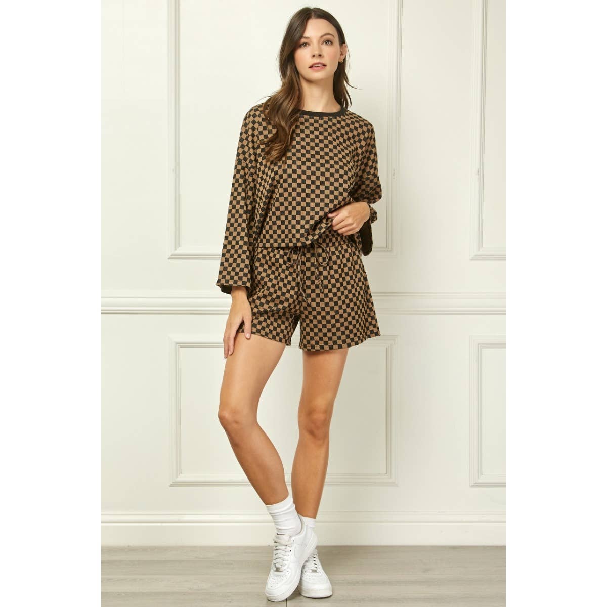 Checker Jersey Long Sleeve Top : Brown / L