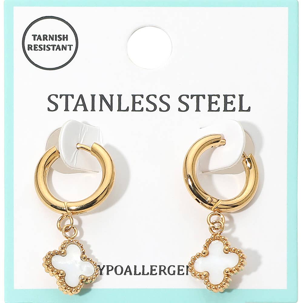 J11. Stainless Steel Quatrefoil Charm Drop Dangle Huggie Hoop Earrings