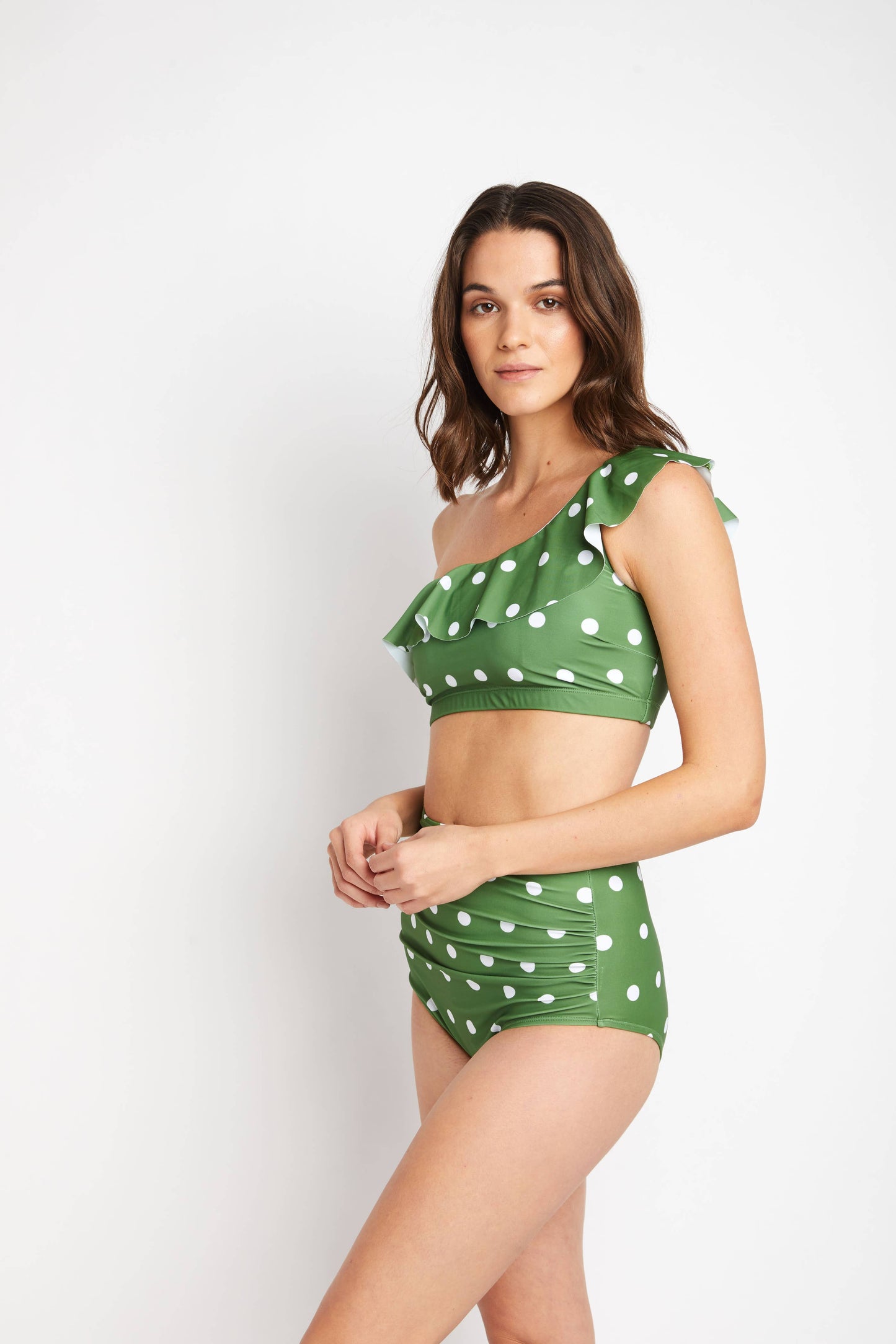 One-Shoulder High Waisted Bikini 2pcs-B2812_Olive Wht Dot