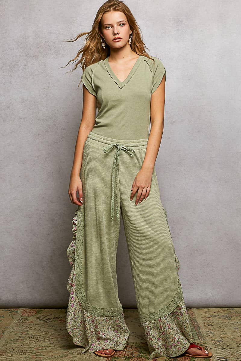 Floral Pattern Ruffle Detail Ribbed Knit Pants