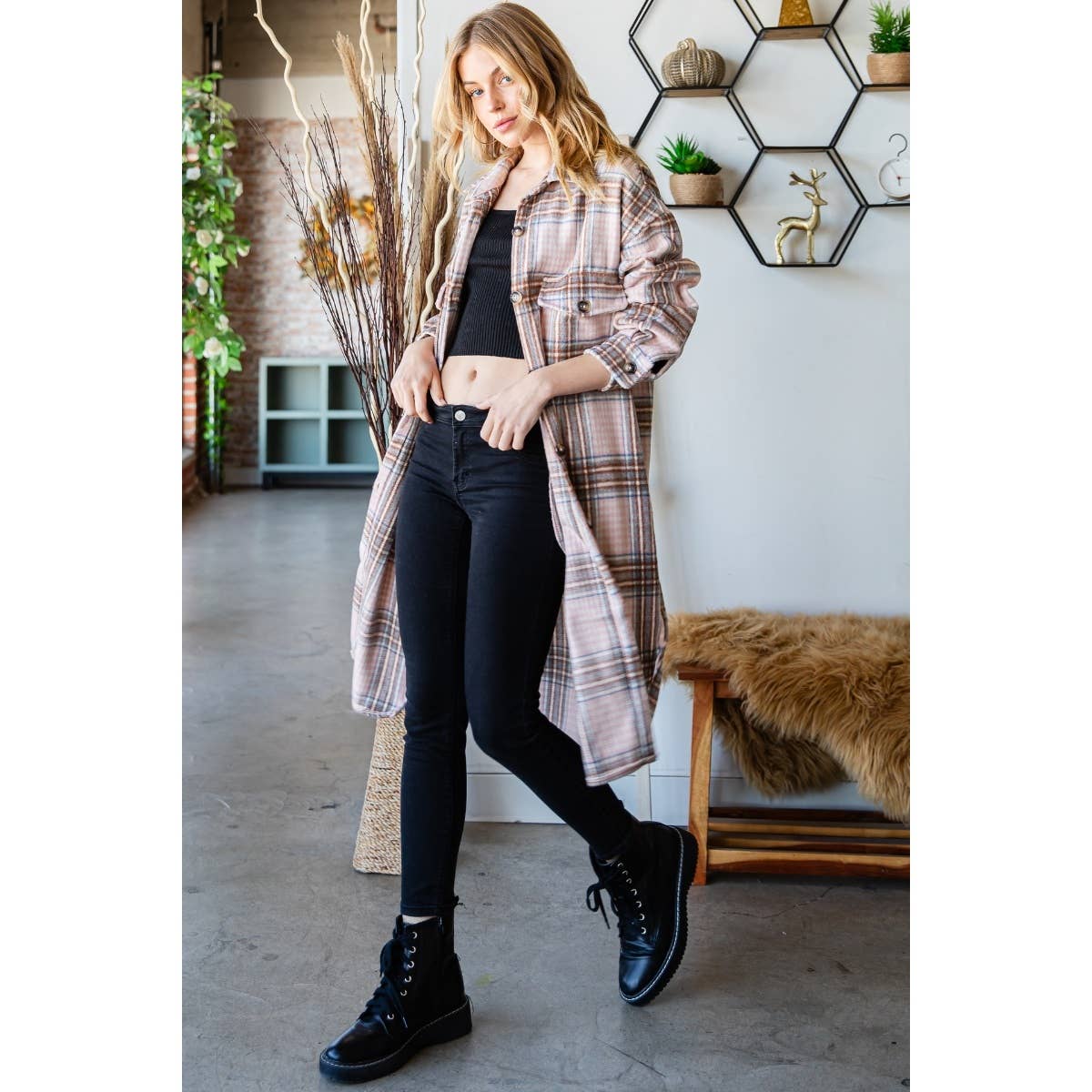 Wool Mix Plaid Checker Longline Shacket: Pink Combo / M