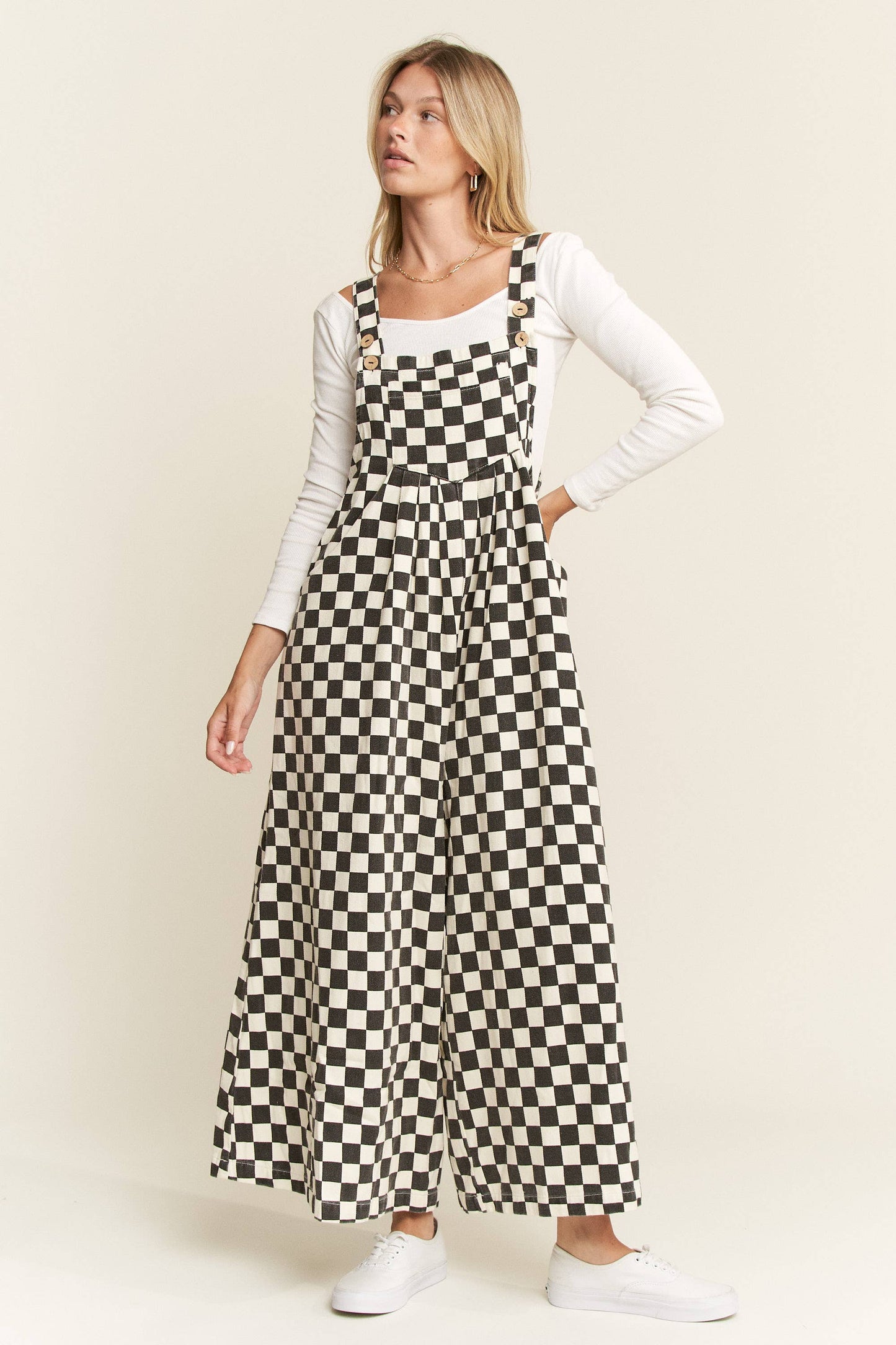 CHECKERED WIDE LEG OVERALLS