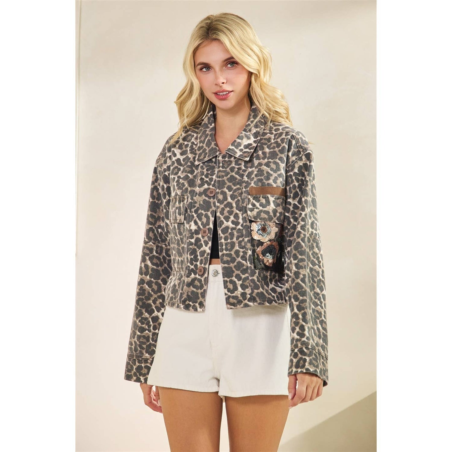 Leopard Denim jacket with back contrast: FLORAL SEQUINS / S