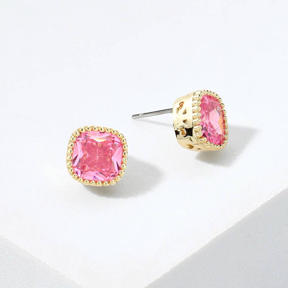 14K Gold Plated Square CZ Stone Stud Earrings