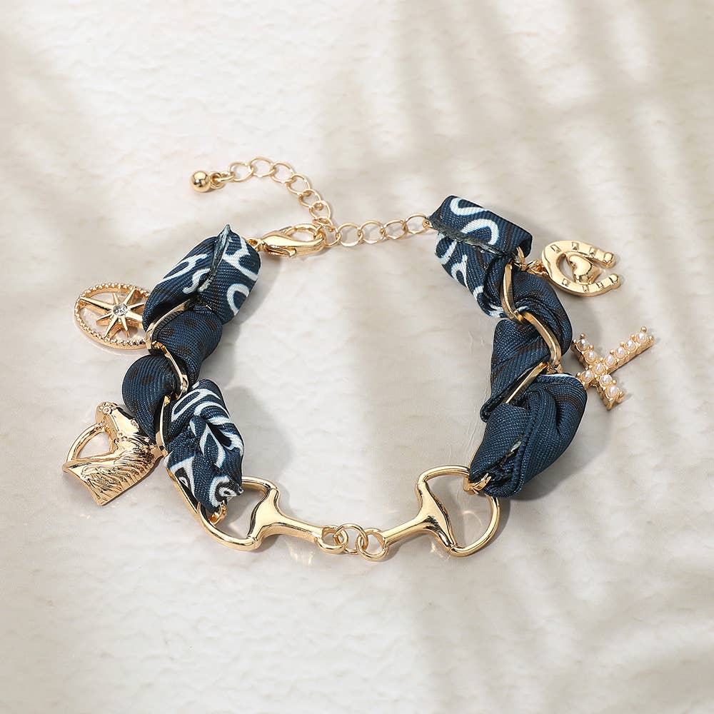 Horsebit Link Center Horse Horseshoe Pearl Cross Starburst Charm Station Fabric Bracelet: Gold,Navy