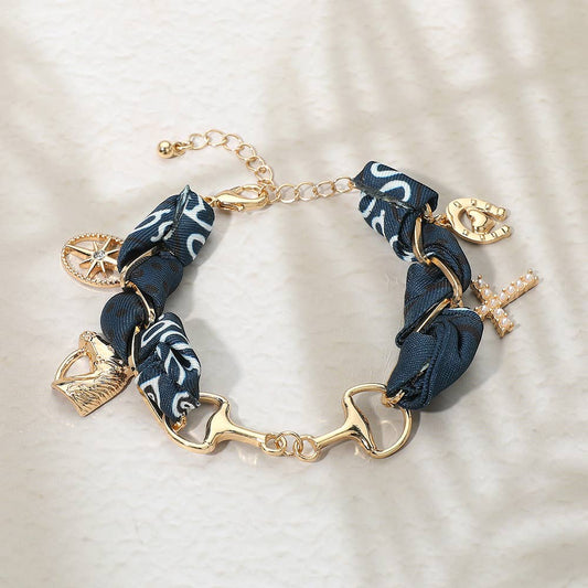Horsebit Link Center Horse Horseshoe Pearl Cross Starburst Charm Station Fabric Bracelet: Gold,Navy