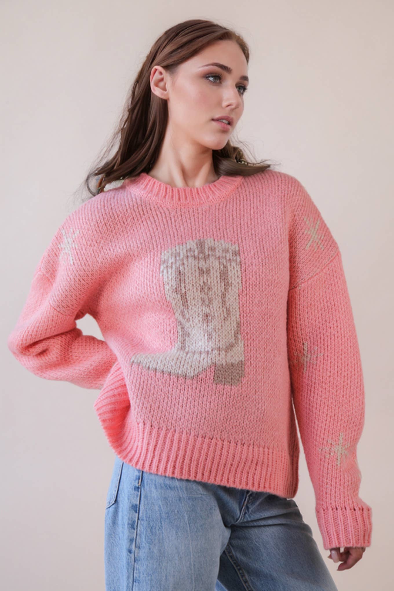 12W3402N-Cowboy Boots Graphic Print Knit Sweater