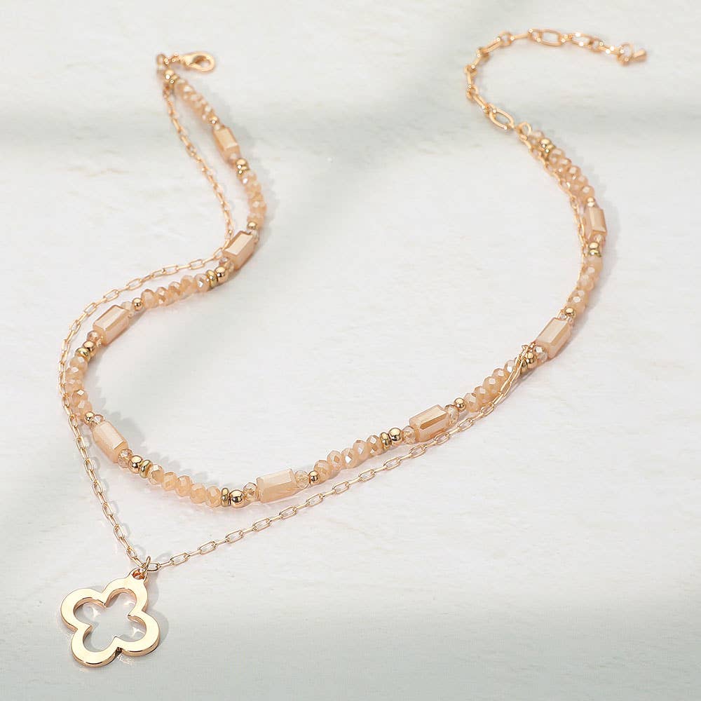 Metal Open Quatrefoil Pendant Faceted Beaded Layered Necklace