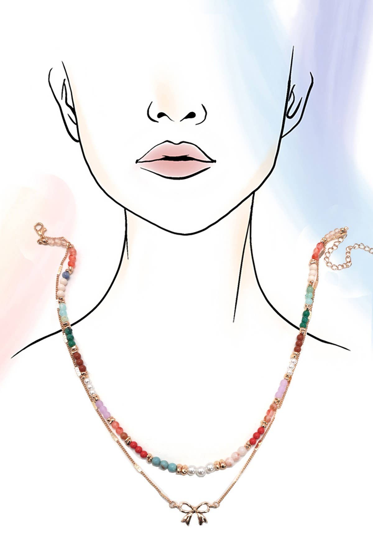 MULTI BEADED BOW CHARM DOUBLE LAYER NECKLACE | 80N91498: Gold