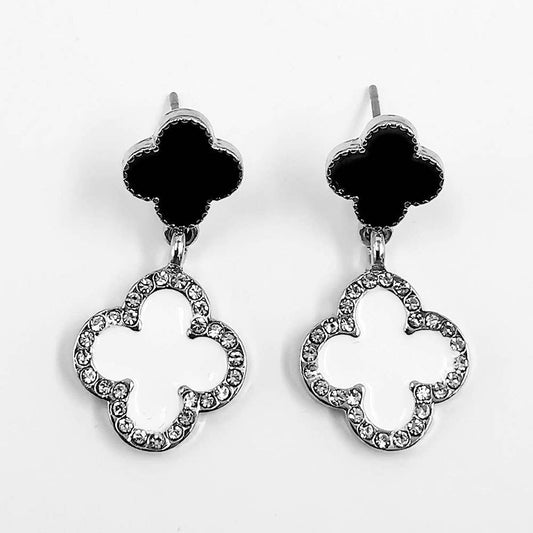 Rhinestone Accented Quatrefoil Drop Earrings: Black,Rhodium,White