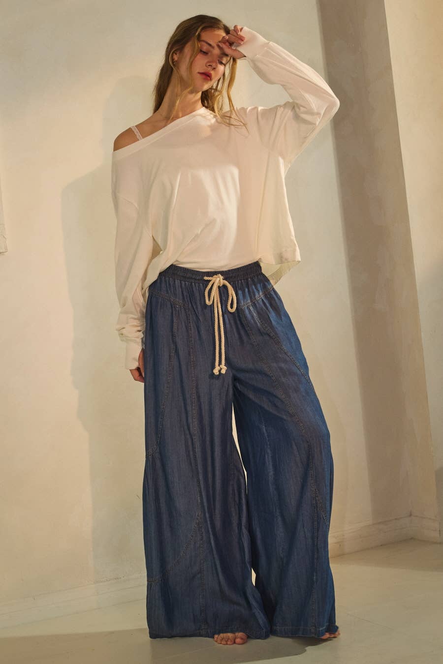 Chambray Denim Wide Palazzo Pants: Washed Dark Chambray / S
