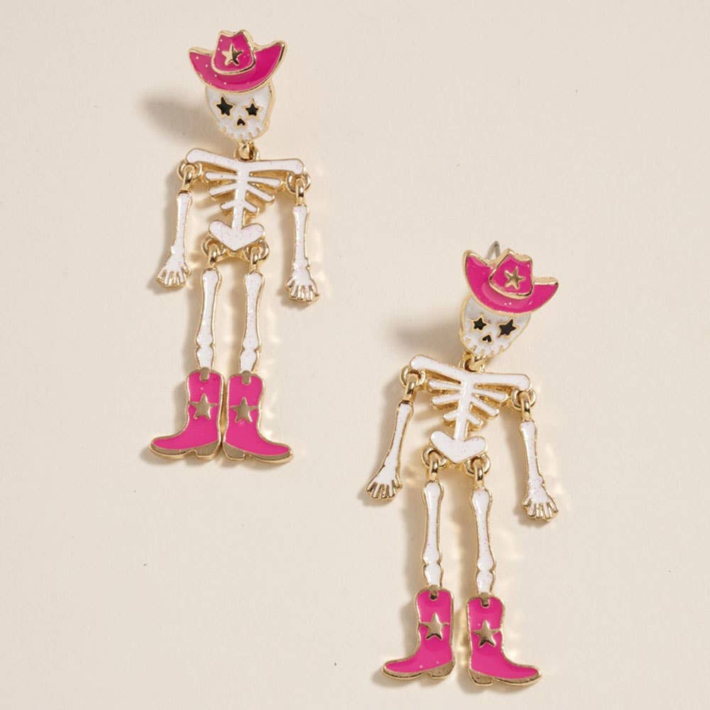 Western Cowboy Halloween Skeleton Earrings: Hot Pink