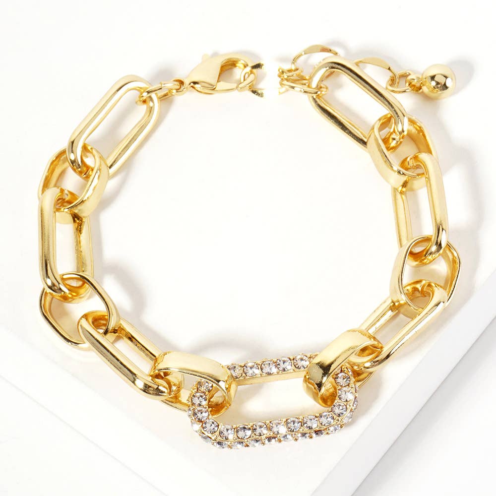 Gold Dipped CZ Stone Paved Oval Ring Link Chain Bracelet