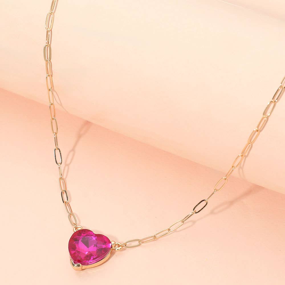 J38. Heart Stone Pendant Paperclip Chain Necklace