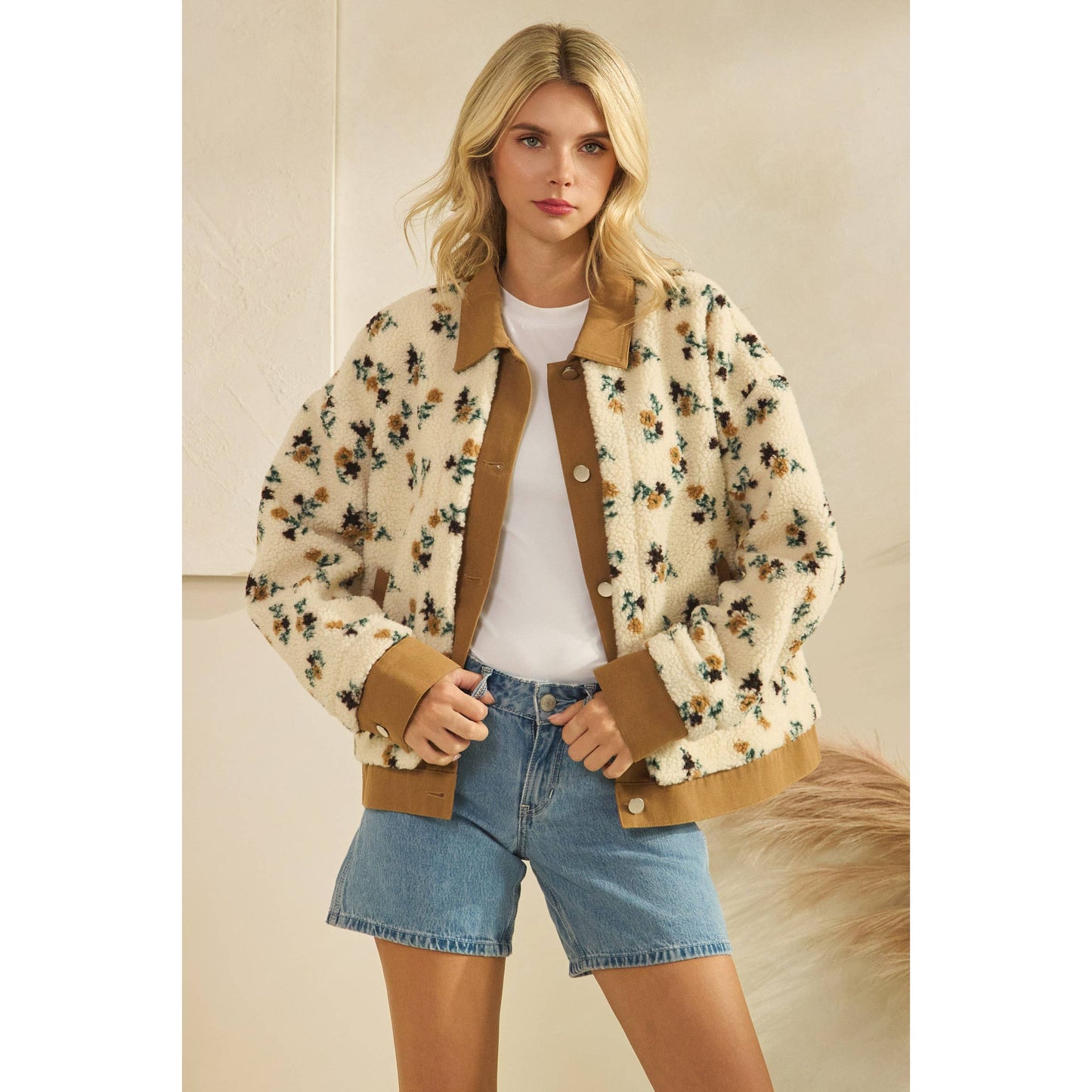 Printed Contrast Button Down Sweater: Brown / L