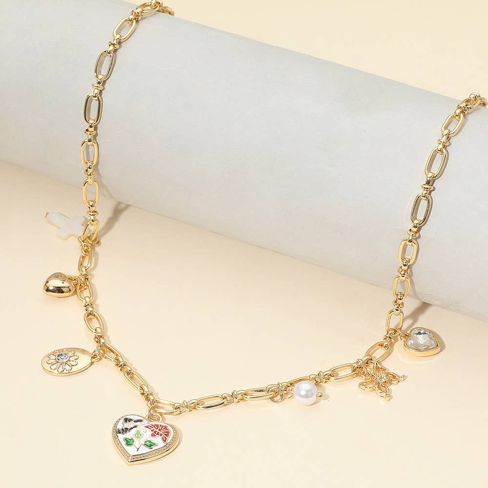 Butterfly Flower Enamel Detailed Heart Pendant Charm Station Necklace: Black,Gold