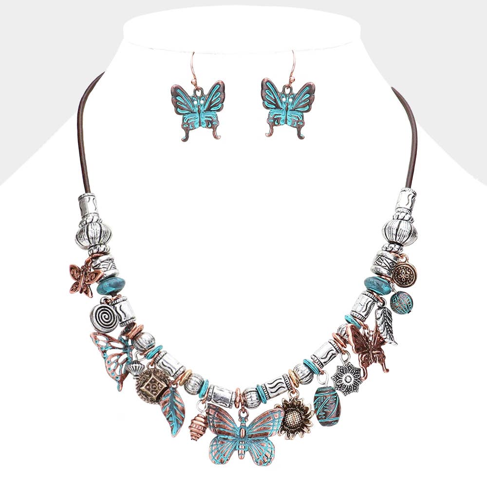 Metal Leaf Butterfly Leaf Sunflower Pendant Cluster Necklace: Three Tone
