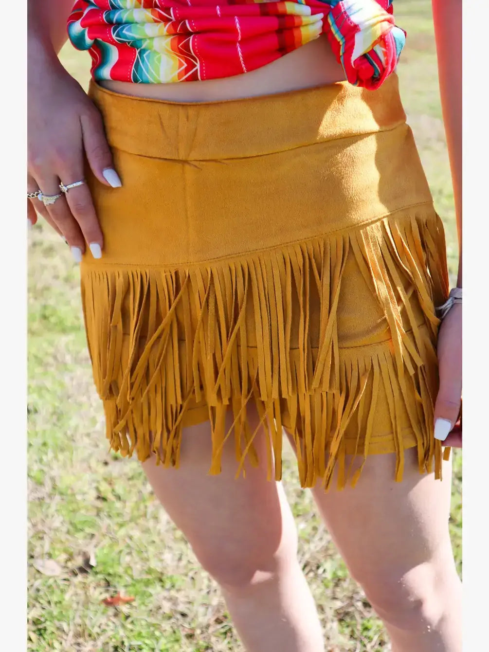 MK266 Holy Cow Vegan Suede Fringe Front Shorts - Mustard