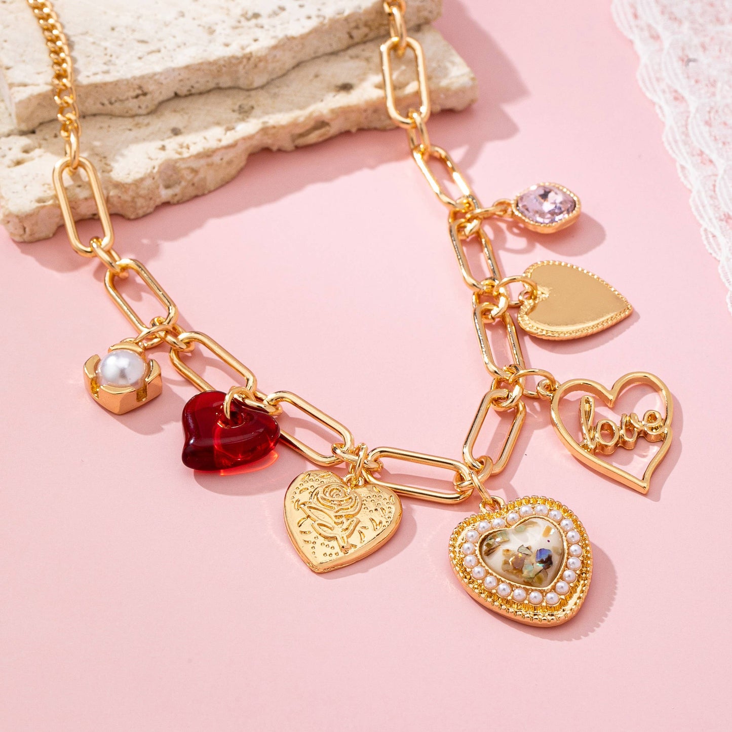 CHARM NECKLACE-PORCELAIN HEART RHINESTONE PEARL | 80N92696