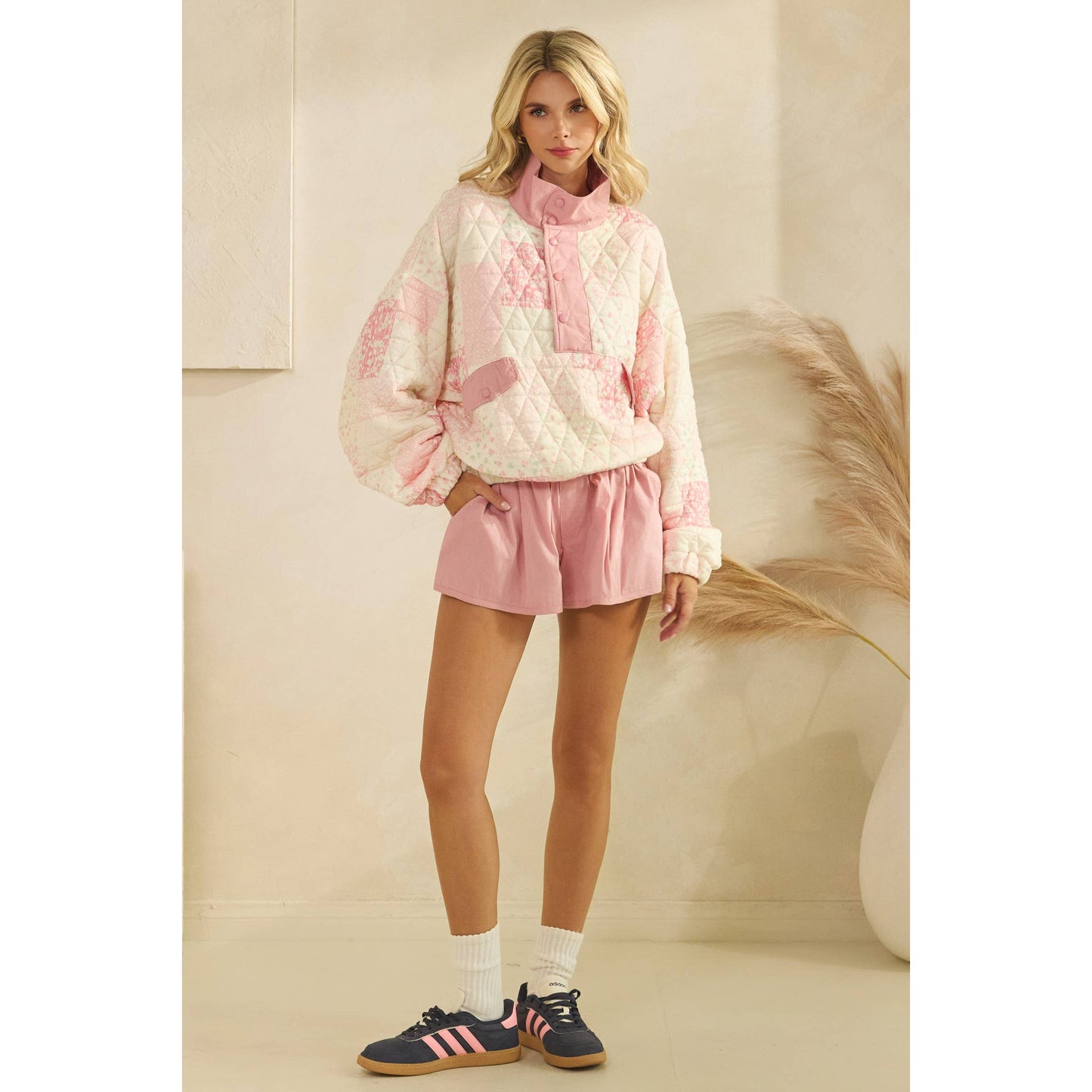 Textured Contrast printed Quarterzip Sweater: Pink Combo / S