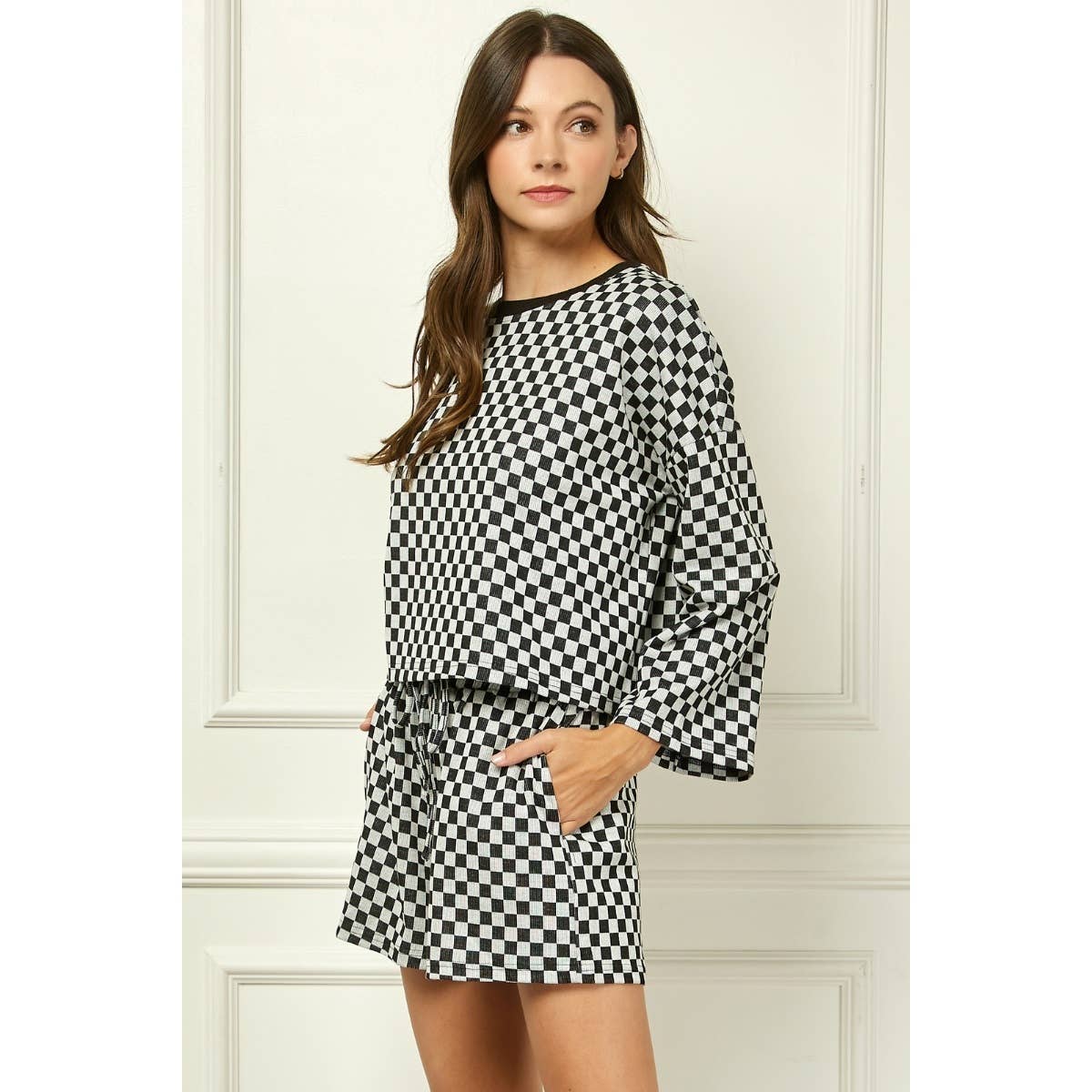 Checker Jersey Long Sleeve Top : Brown / S