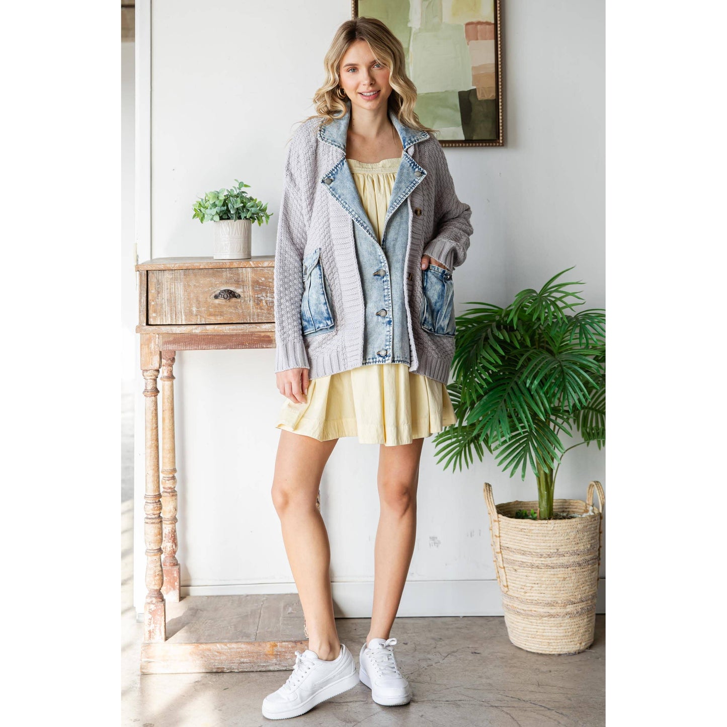 Knit Body Denim Layerd Jacket: Grey / Denim / S