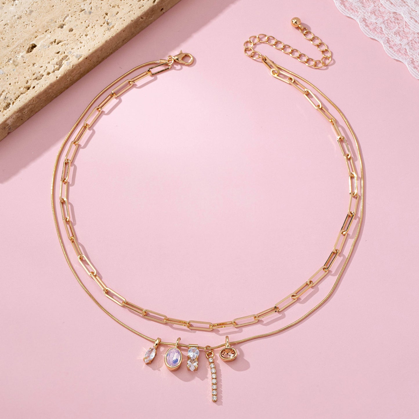 Crystal Cluster Charm Double-Layer Necklace | 80N92679
