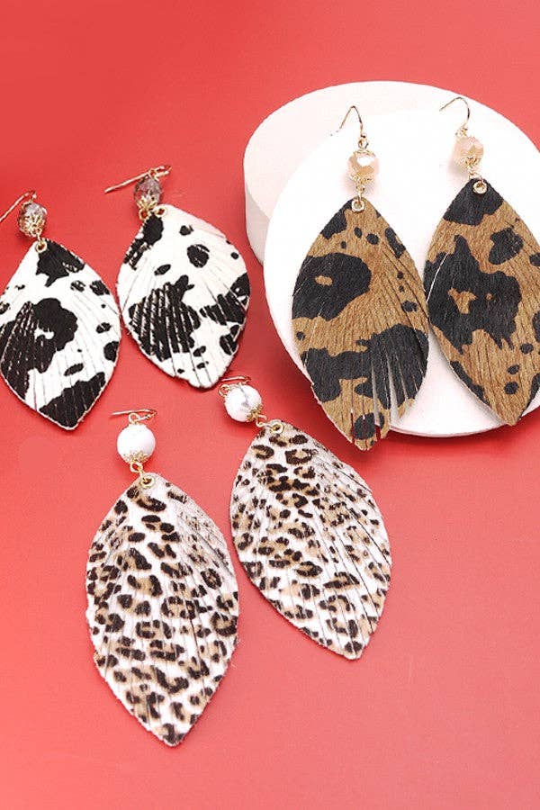 FAUX LEATHER ANIMAL PRINT LEAF EARRINGS | 51E1093001: LEOPARD