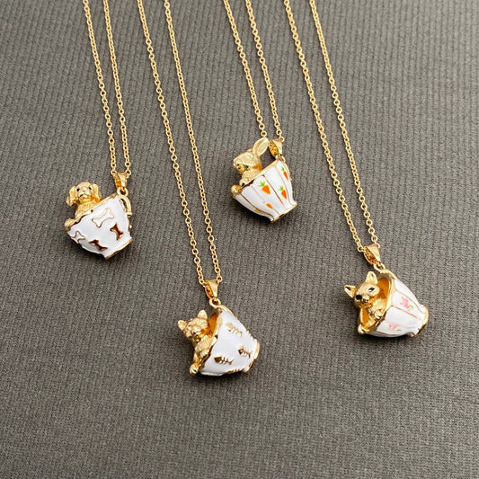 M34. Small Animals In A Teacup Charm Necklace