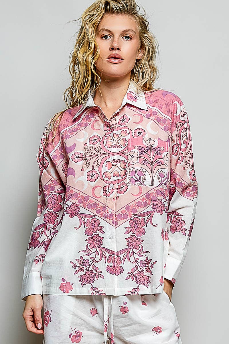 Vintage Floral Block Print Button-Down Shirt