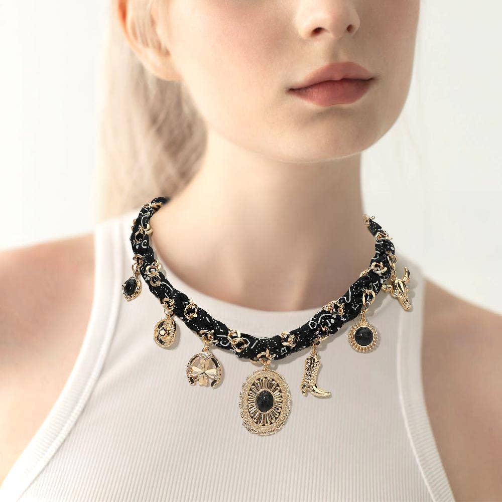Western Themed Charm Fabric Braided Necklace: Beige,Gold