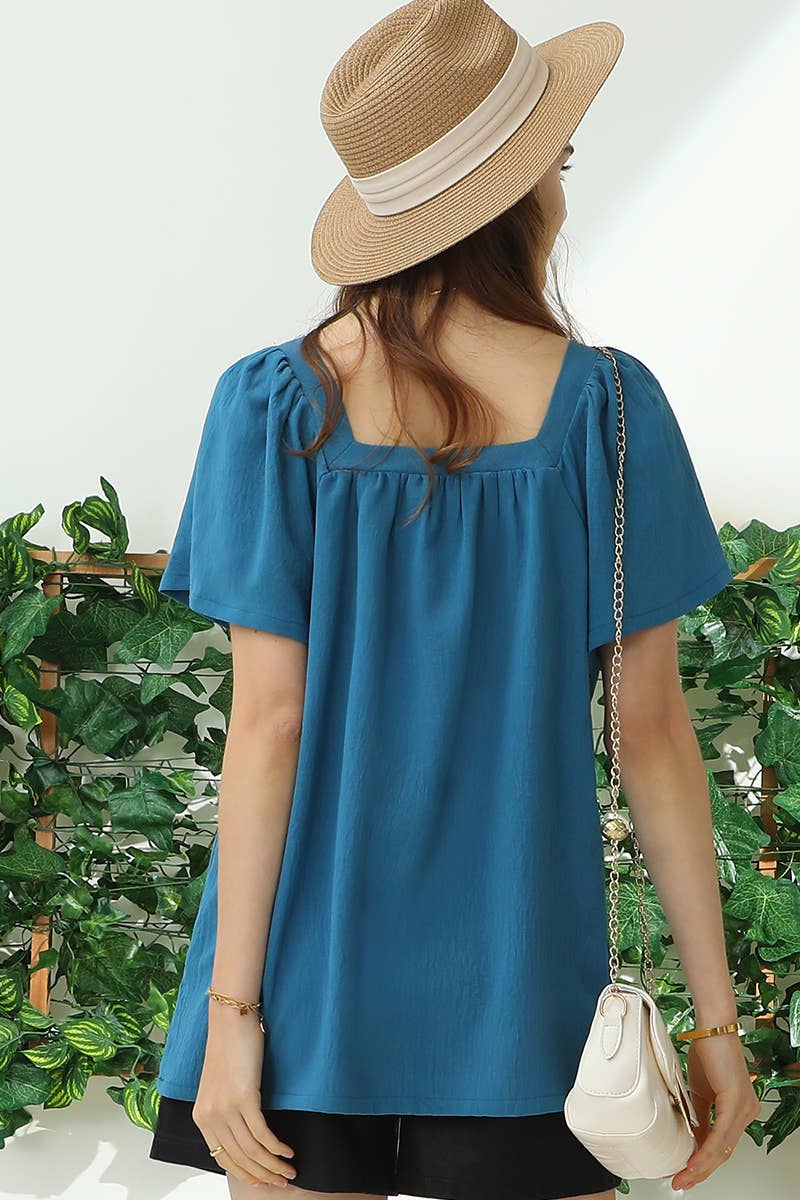 PLUS SQAURE NECK RUFFLE NECK SHORT SLEEVE BLOUSE