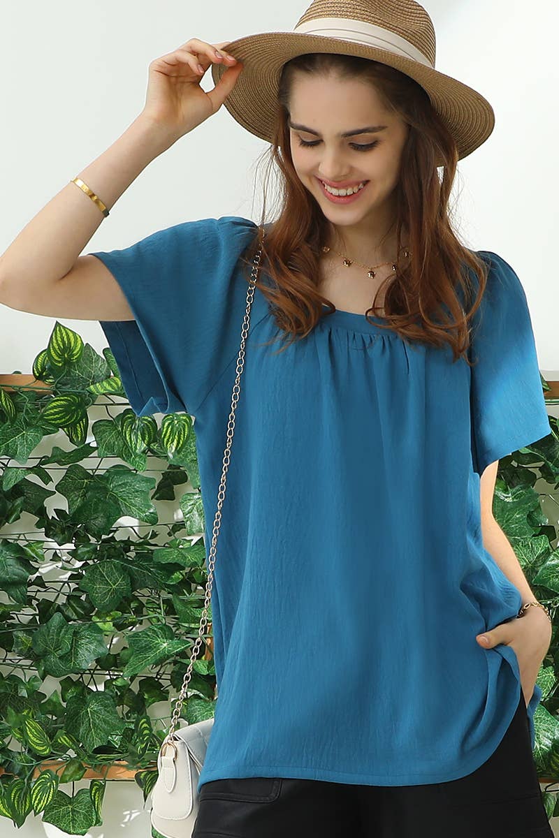 PLUS SQAURE NECK RUFFLE NECK SHORT SLEEVE BLOUSE