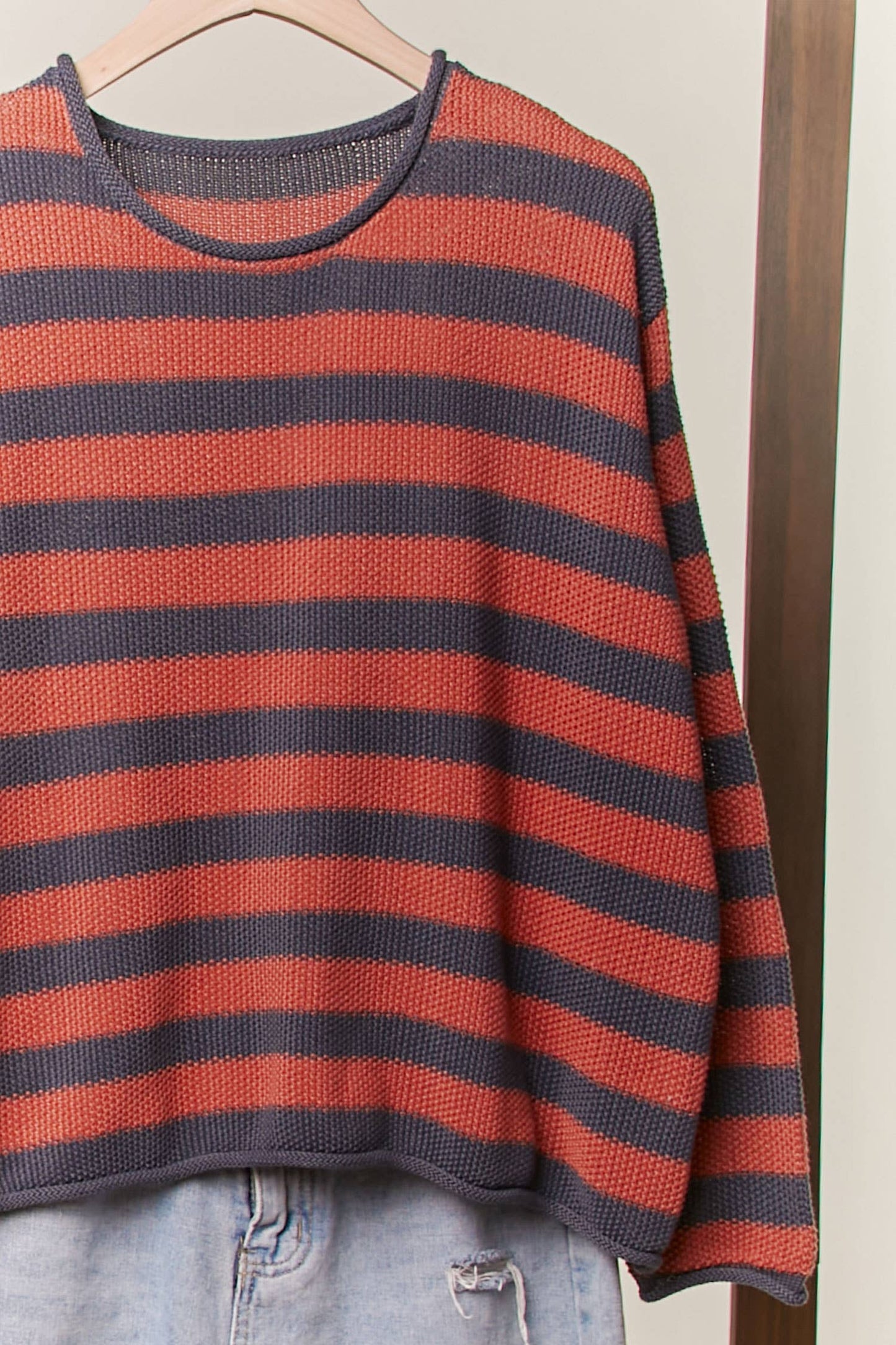 Casual Striped Sweater: Rust / L