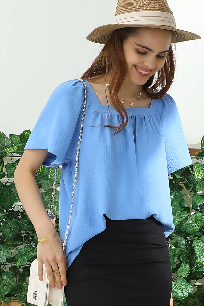 PLUS SQAURE NECK RUFFLE NECK SHORT SLEEVE BLOUSE