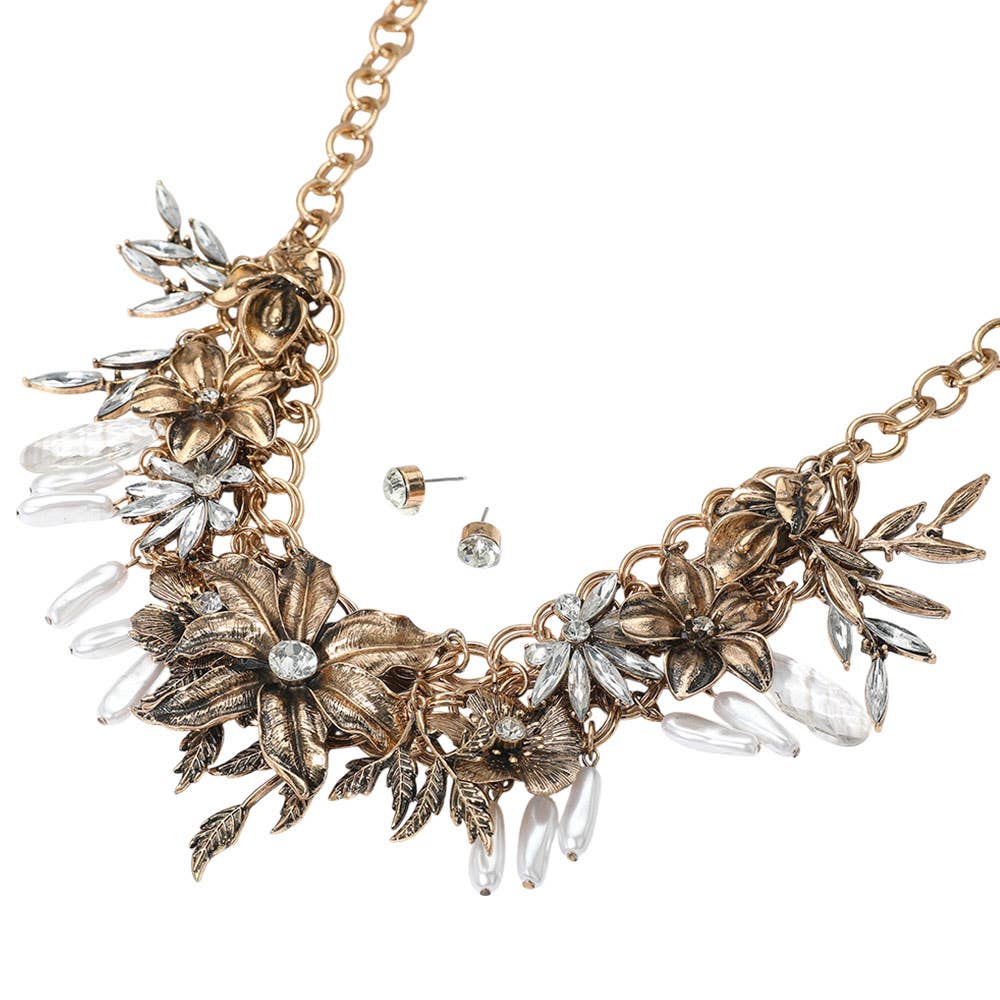 Vintage Floral Metal Accent Faceted Beads Pearl Embellished Statement Necklace