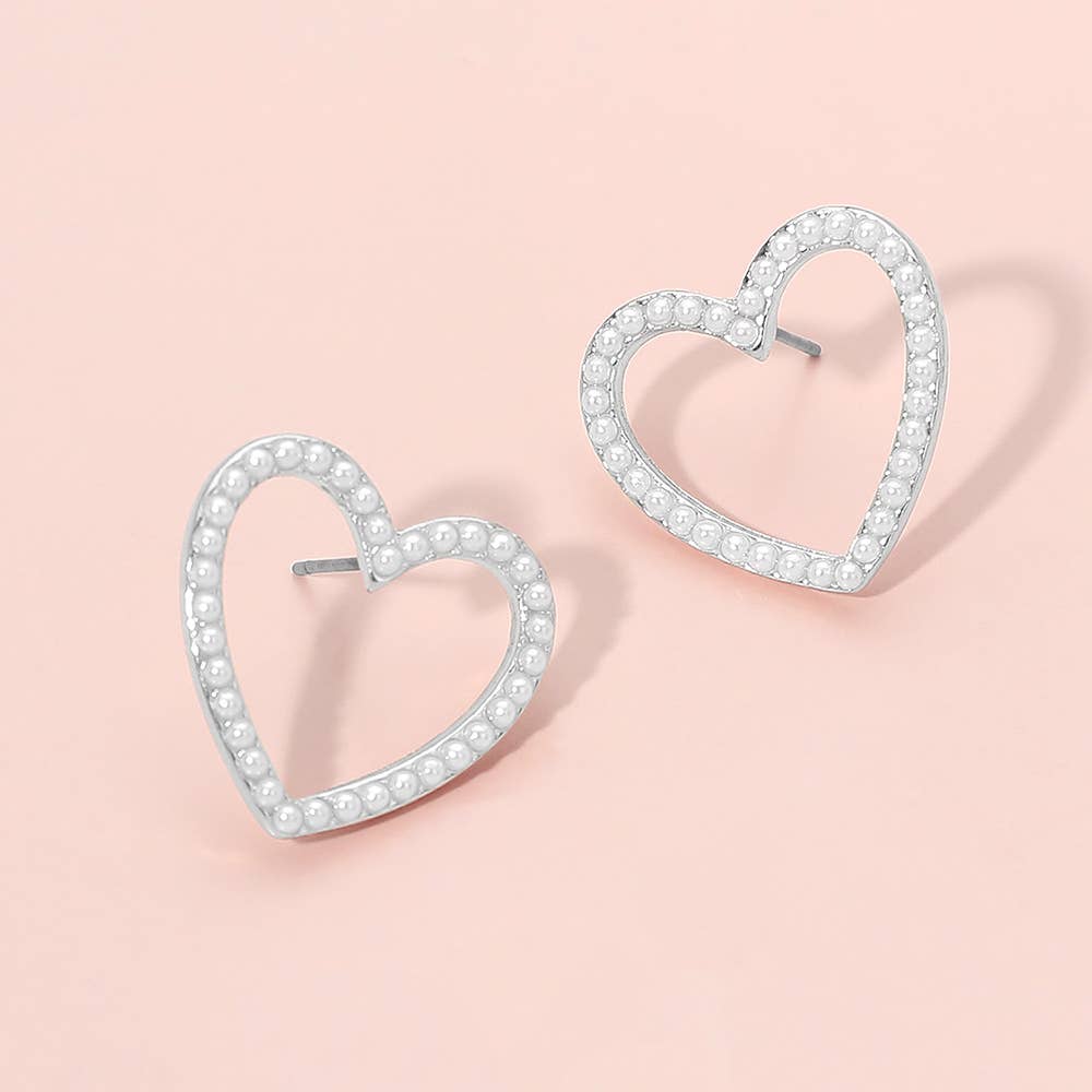 Pearl Trim Open Heart Stud Earrings