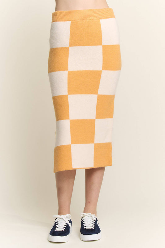 BIG CHECKERED PAST KNIT PENCIL MIDI SKIRT W/ SIDE SLIT