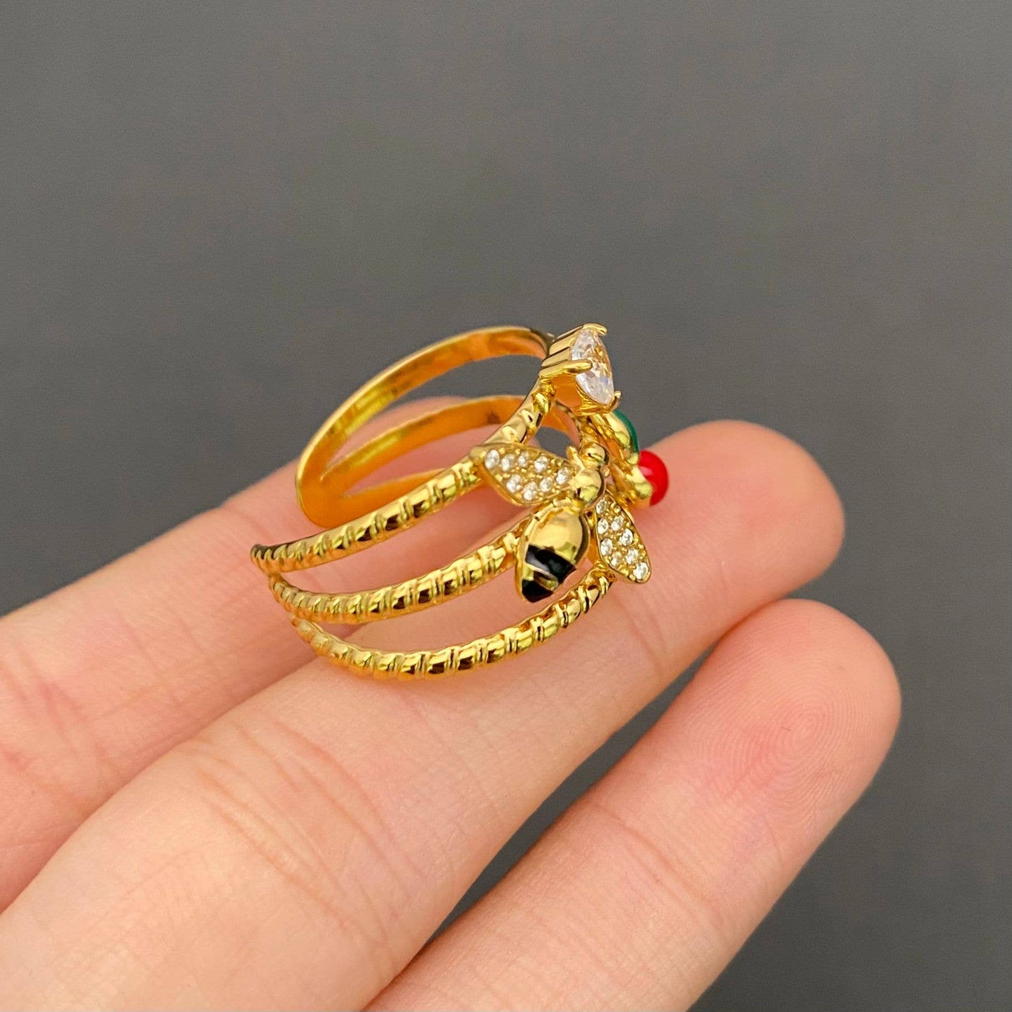 M15. Enamel Bee Cherry 18K Gold Plated Ring
