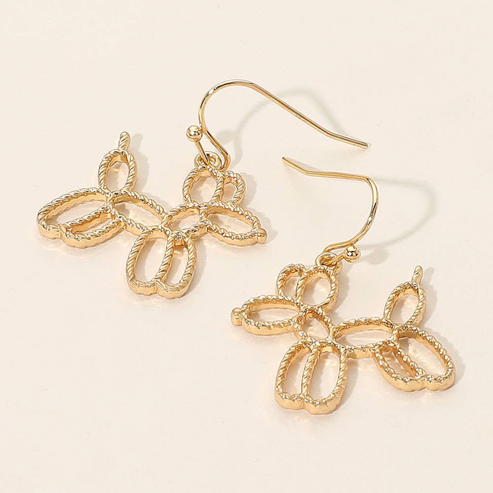 Textured Metal Open Balloon Dog Dangle Earrings: Silver