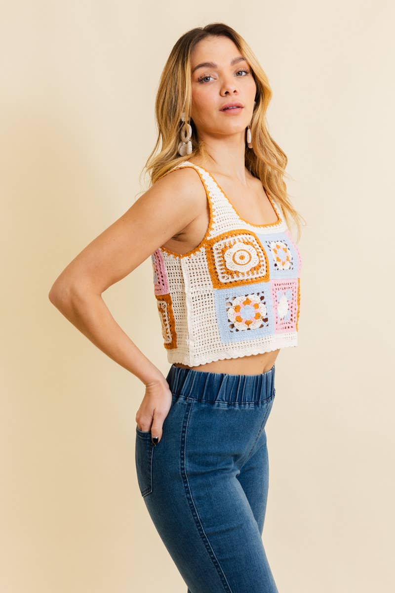 Summer Floral Mosaic Embroidered Crochet Top