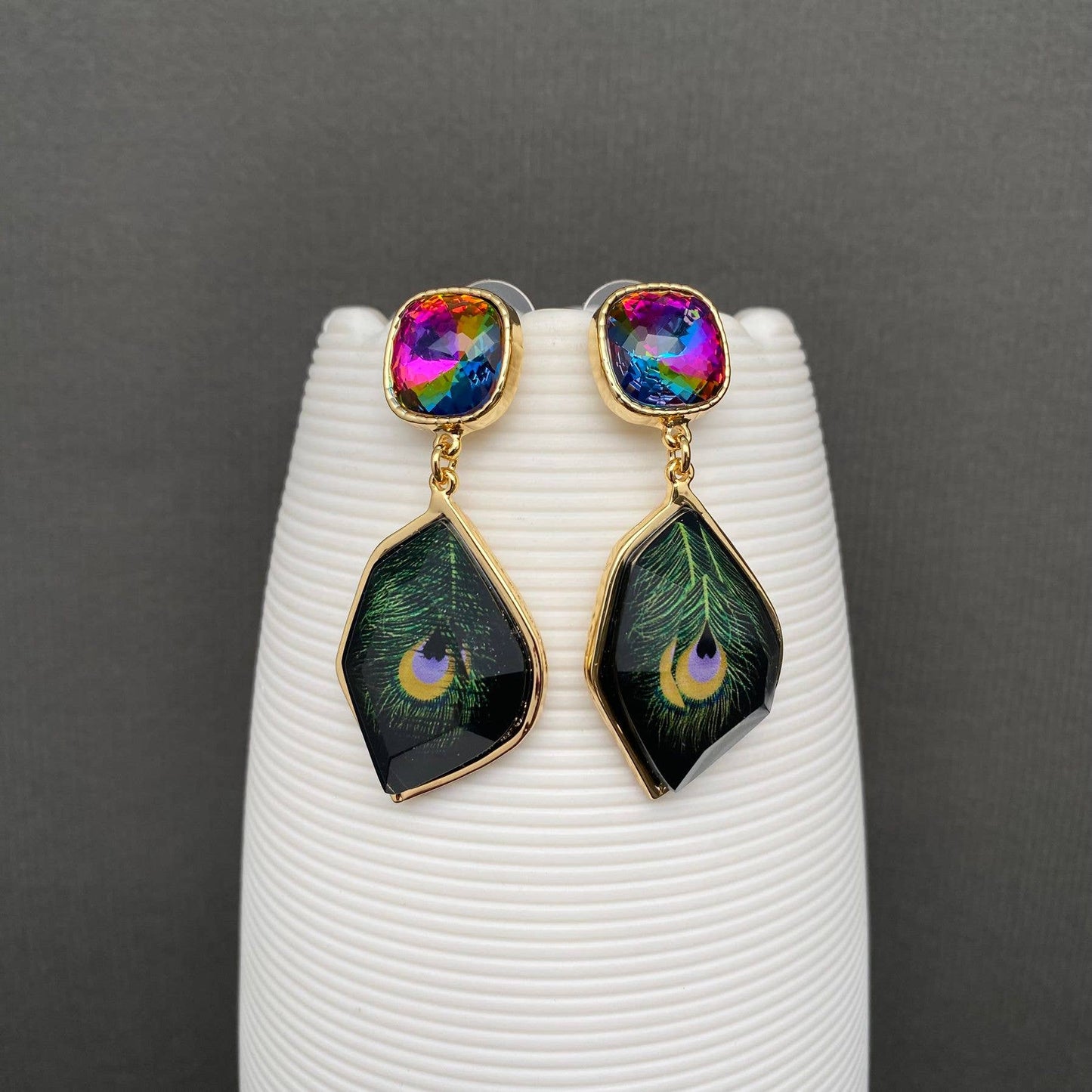 M5. Colored Rhinestone Peacock Dangle Earrings