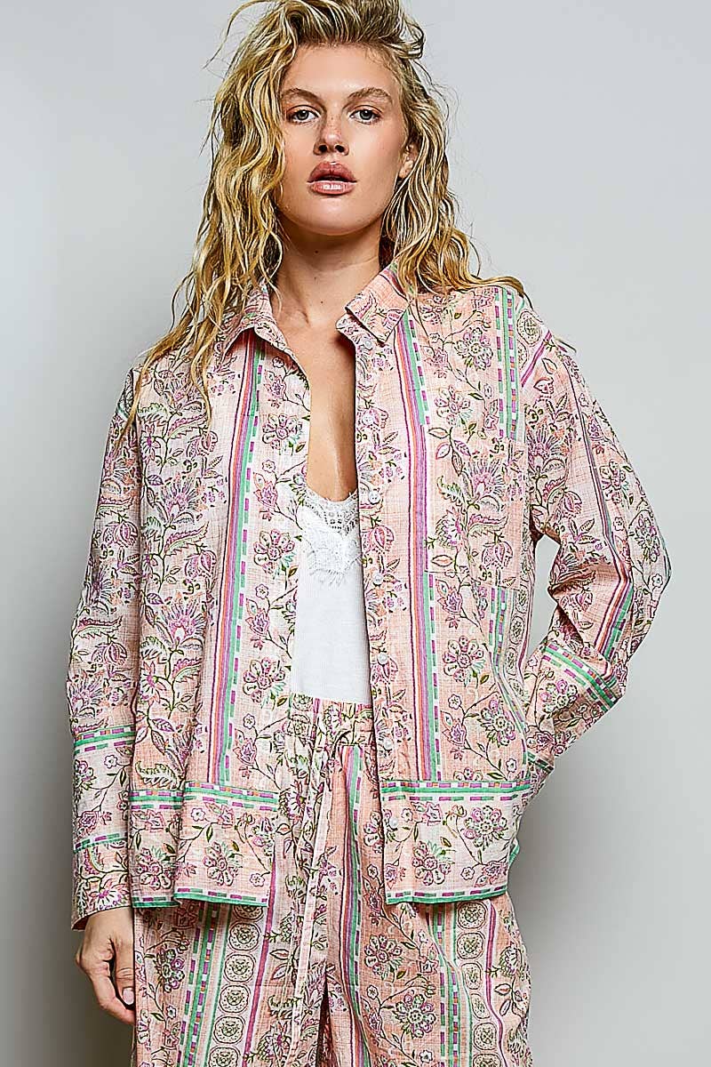 Vintage Floral Block Print Button-Down Shirt