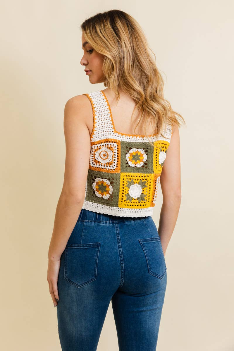 Summer Floral Mosaic Embroidered Crochet Top