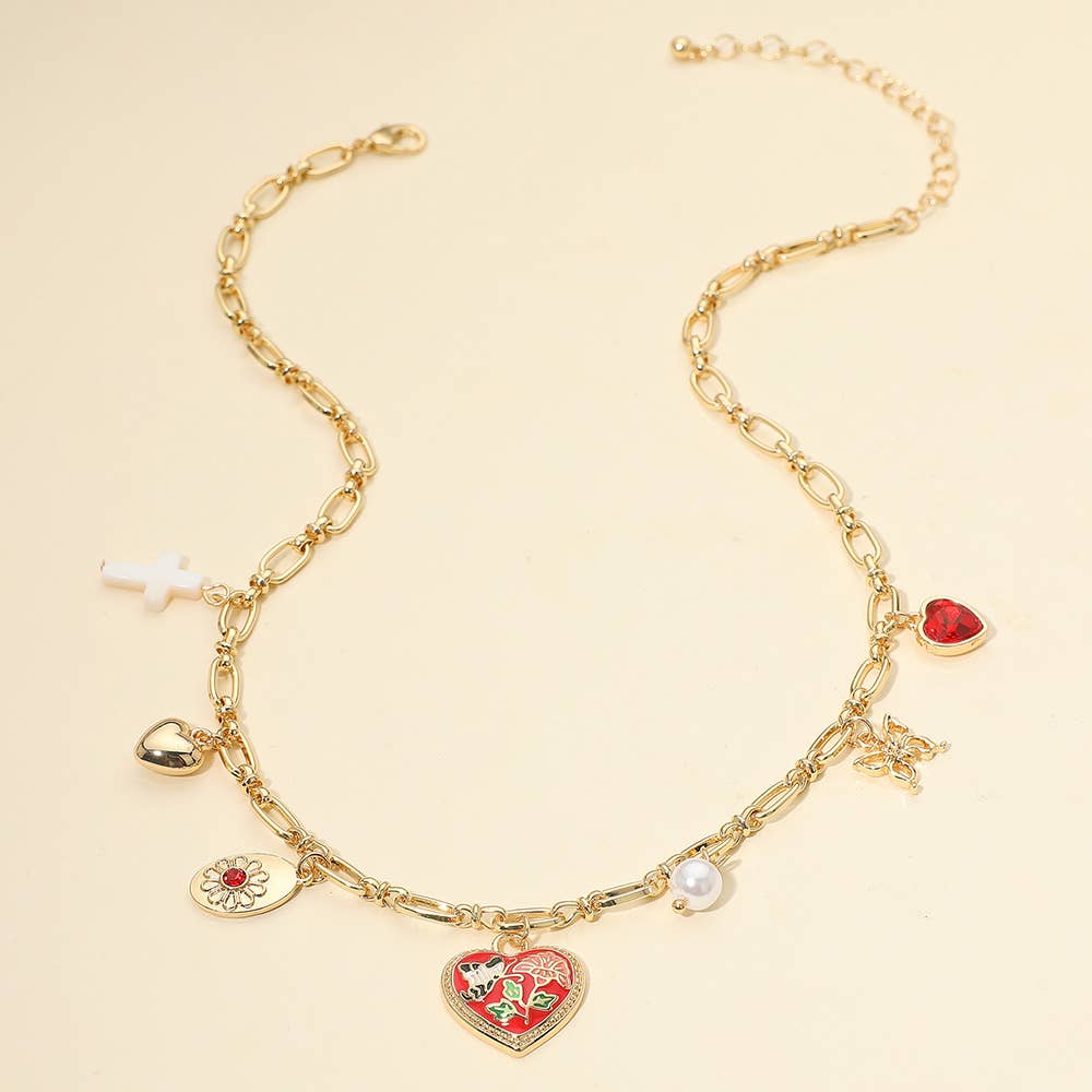 Butterfly Flower Enamel Detailed Heart Pendant Charm Station Necklace: Black,Gold