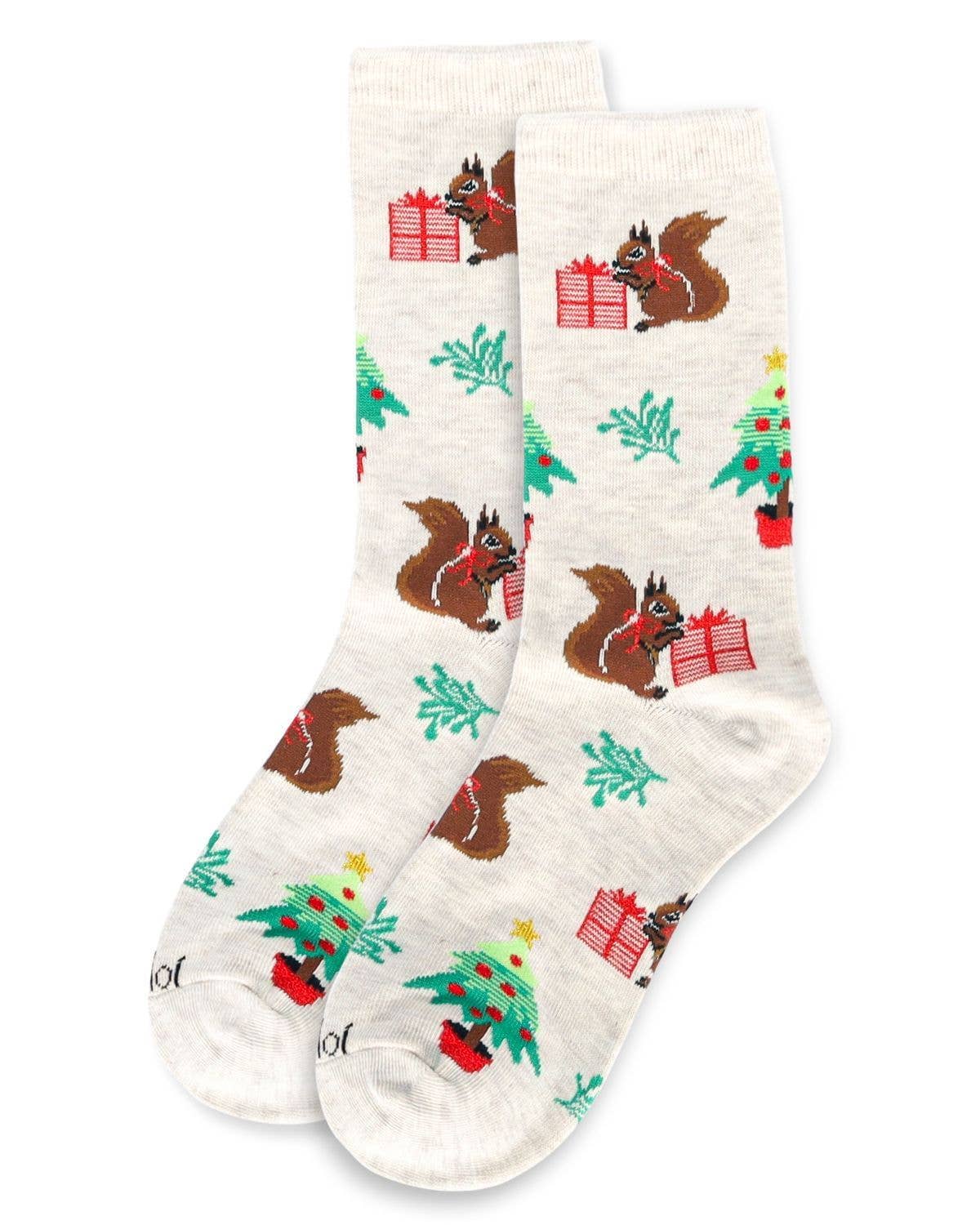 Women's Squirrels Holiday Crew Socks: Oatmeal Heather / 9-11