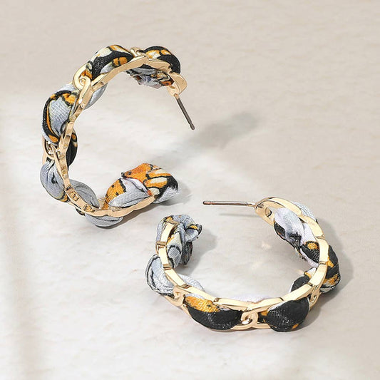 Boho Braided Scarf Fabric Hoop Earrings: Black,Gold