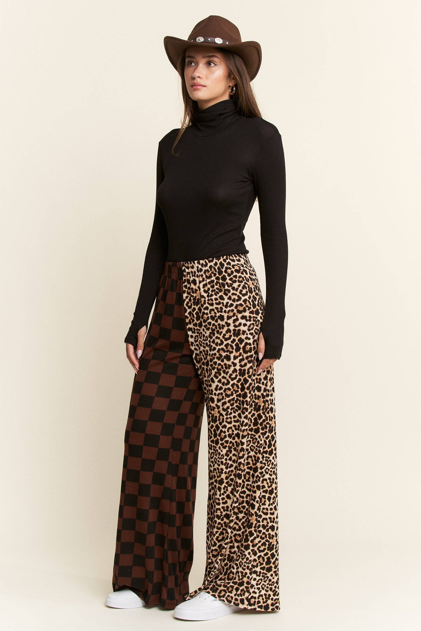 SPLIT DECISION LEOPARD-CHECKERED PANTS: MOCHA / S