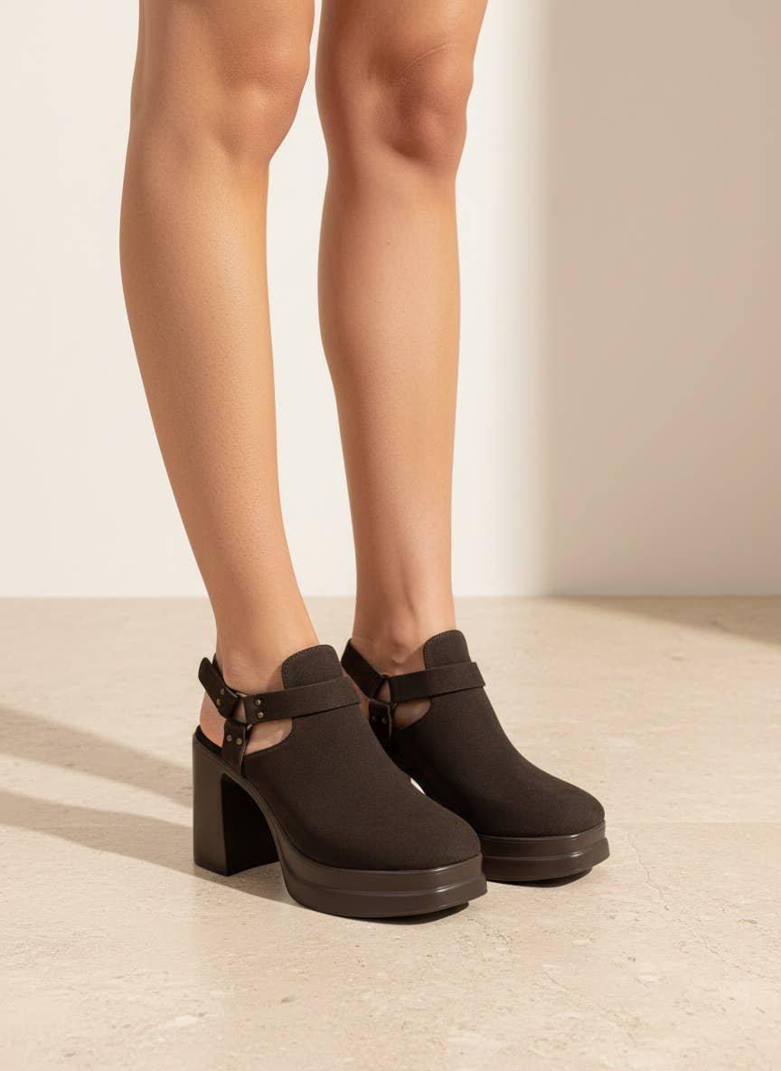 Black Slingback Cutout Platform Bootie Chunky Block Heel